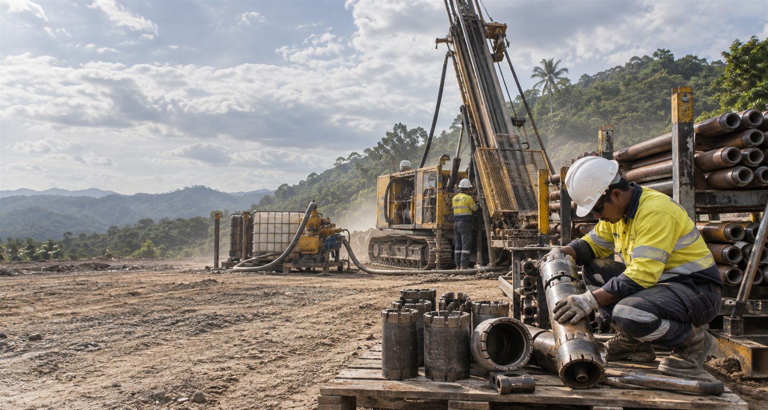 Drilling crew and equipment operating at an exploration site